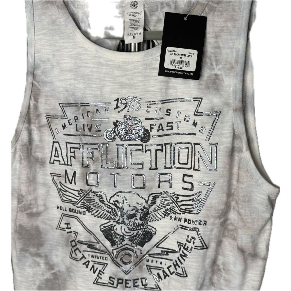 AFFLICTION Alchemist Open Back Tank Top, Color: White Grey Crystal Wash, Med, NW - Picture 3 of 9